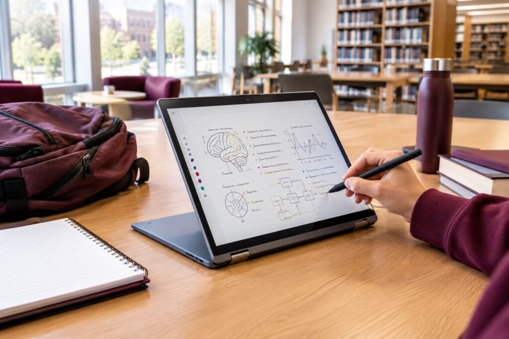 College student using a touchscreen laptop with a digital pen at a study desk