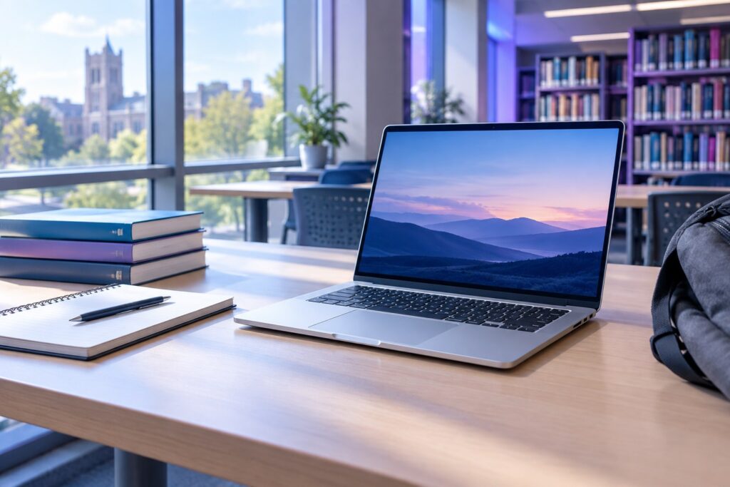 MacBook-style laptop on a college library study desk with notebooks and a backpack